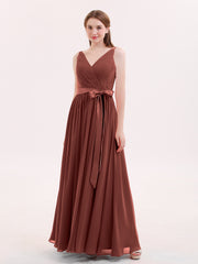 V-neck Chiffon Dresses with Satin Sash Bow Terracotta
