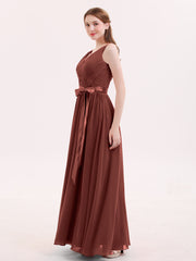 V-neck Chiffon Dresses with Satin Sash Bow Terracotta