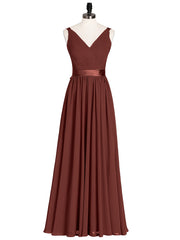 V-neck Chiffon Dresses with Satin Sash Bow Terracotta