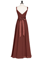 V-neck Chiffon Dresses with Satin Sash Bow Terracotta