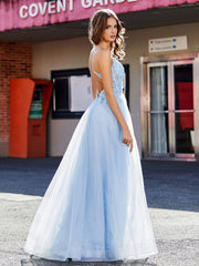 Spaghetti Straps V-neck Tulle Prom Dresses Sky Blue Plus Size