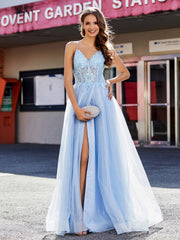 Spaghetti Straps V-neck Tulle Prom Dresses Sky Blue Plus Size