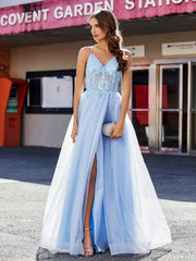 Spaghetti Straps V-neck Tulle Prom Dresses Sky Blue Plus Size