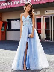 Spaghetti Straps V-neck Tulle Prom Dresses Sky Blue Plus Size