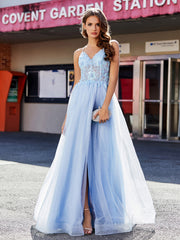 Spaghetti Straps V-neck Tulle Prom Dresses Sky Blue Plus Size