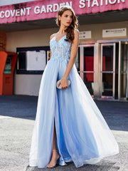Spaghetti Straps V-neck Tulle Prom Dresses Sky Blue Plus Size