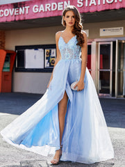 Spaghetti Straps V-neck Tulle Prom Dresses Sky Blue Plus Size