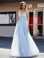 Spaghetti Straps V-neck Tulle Prom Dresses Sky Blue Plus Size