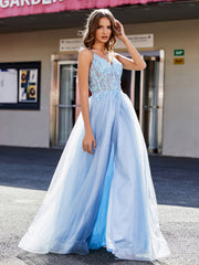 Spaghetti Straps V-neck Tulle Prom Dresses Sky Blue Plus Size