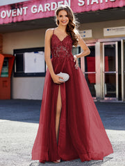 Spaghetti Straps V-neck Tulle Prom Dresses Burgundy Plus Size