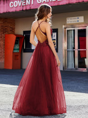 Spaghetti Straps V-neck Tulle Prom Dresses Burgundy