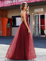 Spaghetti Straps V-neck Tulle Prom Dresses Burgundy