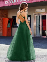 Spaghetti Straps V-neck Tulle Prom Dresses Dark Green Plus Size