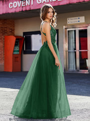 Spaghetti Straps V-neck Tulle Prom Dresses Dark Green Plus Size