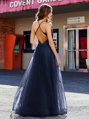 Spaghetti Straps V-neck Tulle Prom Dresses Dark Navy Plus Size