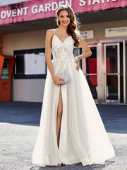 Spaghetti Straps V-neck Tulle Prom Dresses Ivory