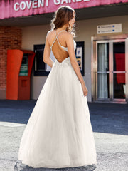 Spaghetti Straps V-neck Tulle Prom Dresses Ivory