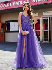 Spaghetti Straps V-neck Tulle Prom Dresses Regency Plus Size