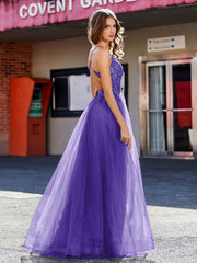 Spaghetti Straps V-neck Tulle Prom Dresses Regency