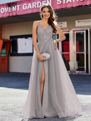 Spaghetti Straps V-neck Tulle Prom Dresses Silver