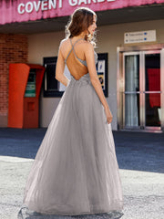 Spaghetti Straps V-neck Tulle Prom Dresses Silver Plus Size