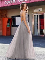 Spaghetti Straps V-neck Tulle Prom Dresses Silver