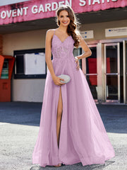 Spaghetti Straps V-neck Tulle Prom Dresses Wisteria