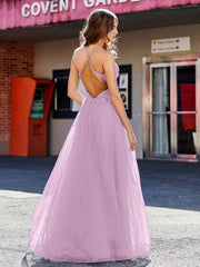 Spaghetti Straps V-neck Tulle Prom Dresses Wisteria