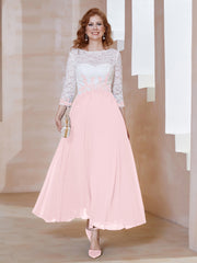 Applique Neckline Chiffon Tea-Length Dress Blushing Pink Plus Size