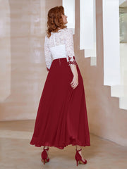 Applique Neckline Chiffon Tea-Length Dress Burgundy