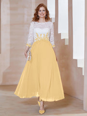 Applique Neckline Chiffon Tea-Length Dress Gold
