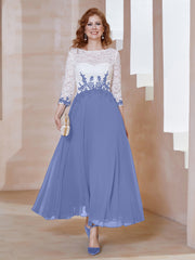 Applique Neckline Chiffon Tea-Length Dress Periwinkle
