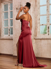 Strapless Sheath Ruched Long Dress With Sweep Train Burgundy