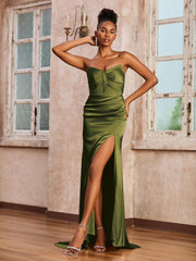 Strapless Sheath Ruched Long Dress With Sweep Train Olive Green