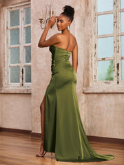Strapless Sheath Ruched Long Dress With Sweep Train Olive Green