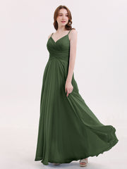 Long Chiffon Spaghetti Strap Dresses Olive Green