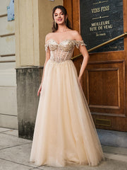 Shimmering Sequin Bodice Floor-length Gown Champagne