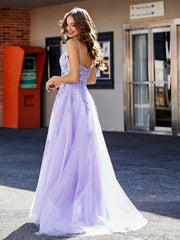 A-line Spaghetti Straps Appliqued Tulle Prom Dresses Lilac Plus Size