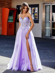 A-line Spaghetti Straps Appliqued Tulle Prom Dresses Lilac Plus Size
