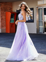 A-line Spaghetti Straps Appliqued Tulle Prom Dresses Lilac Plus Size