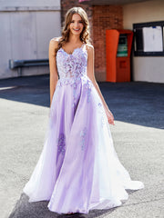A-line Spaghetti Straps Appliqued Tulle Prom Dresses Lilac Plus Size