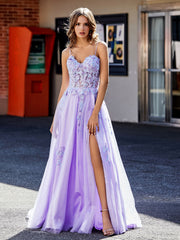 A-line Spaghetti Straps Appliqued Tulle Prom Dresses Lilac Plus Size