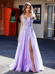 A-line Spaghetti Straps Appliqued Tulle Prom Dresses Lilac Plus Size