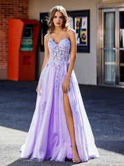 A-line Spaghetti Straps Appliqued Tulle Prom Dresses Lilac Plus Size