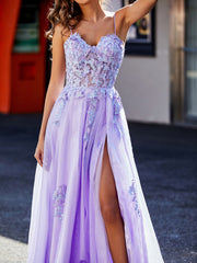 A-line Spaghetti Straps Appliqued Tulle Prom Dresses Lilac Plus Size