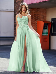 A-line Spaghetti Straps Appliqued Tulle Prom Dresses Mint Green Plus Size