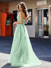A-line Spaghetti Straps Appliqued Tulle Prom Dresses Mint Green Plus Size