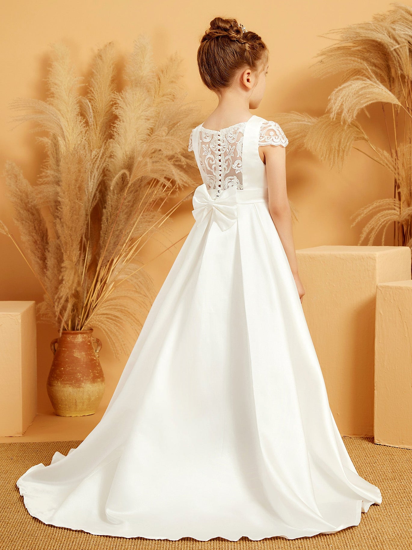 Gown Robe Communion Simple Princess White Satin Long Flower Girls Dresses  With Bow Back Full Sleeves