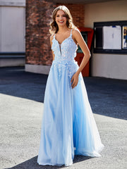 V-Neck Flower Appliqued Tulle Prom Dresses Sky Blue Plus Size