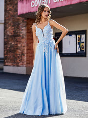 V-Neck Flower Appliqued Tulle Prom Dresses Sky Blue Plus Size